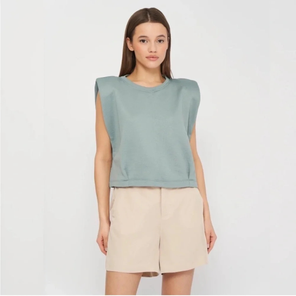 Zara Sage Green Shoulder Pad Sleeveless Cropped Muscle Tee